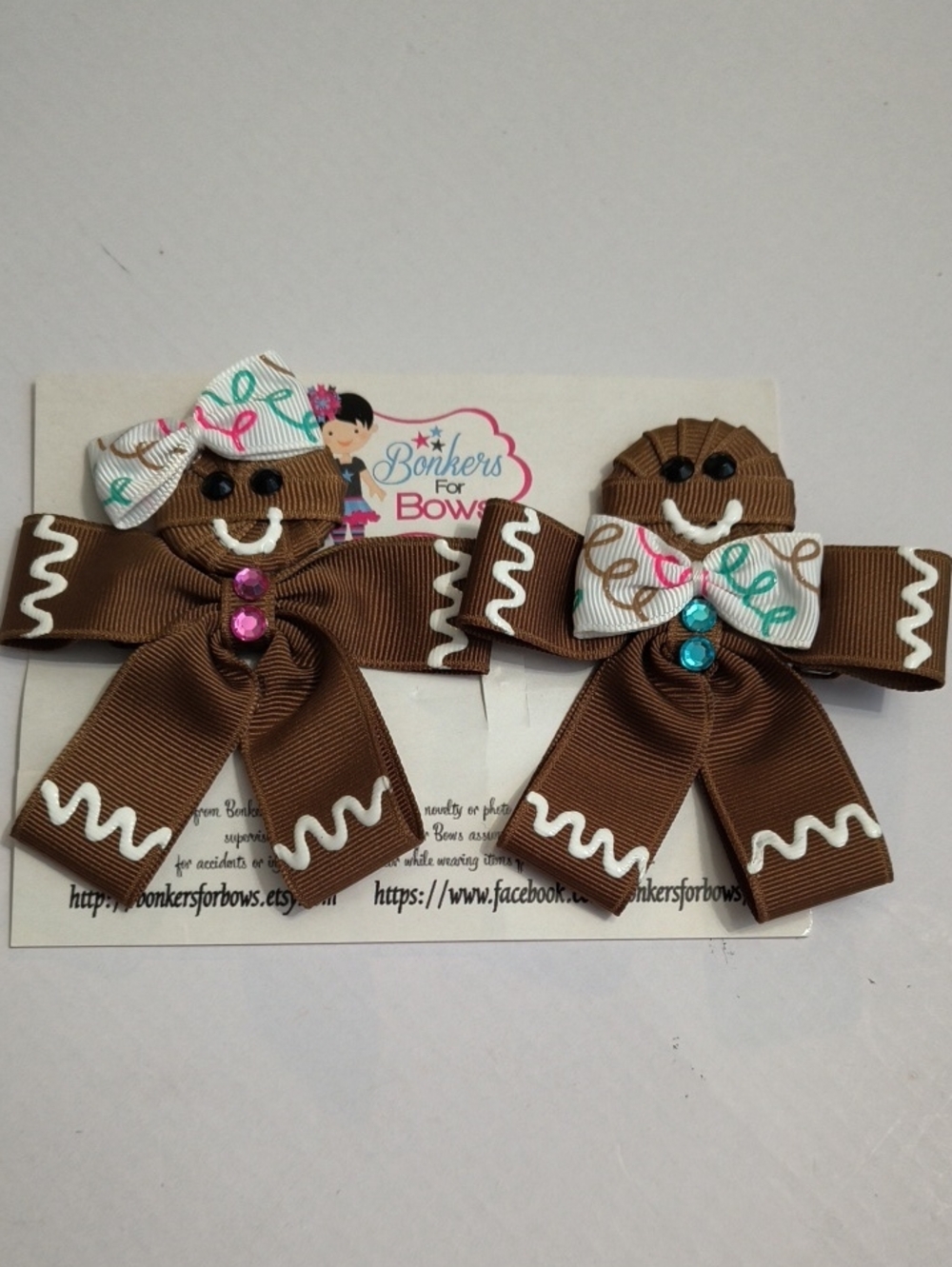 Brown Gingerbread Hair Bow Set with White Accents